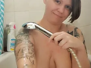 Morning shower show Soapy big natural tits Breast massage in bathtub
