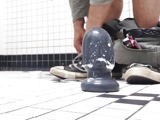 Public Huge Butt Plug Insertion and Cum Shot in Restaurants Bathroom (almost caught)
