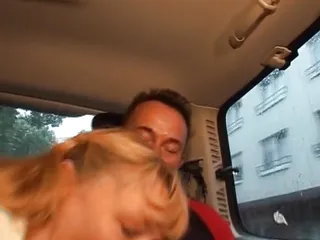 Sexy German lady with blonde hair gets banged in the back of the car