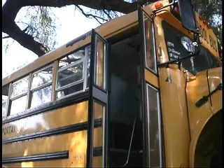 Cute schoolgirl takes it from behind on a school bus