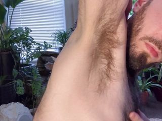 Blue-eyed hairy bald guy showing off my sweaty armpits after jerk session