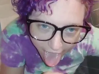 Liza works a cumshot out of Andy&#039;s cock and all over her glasses