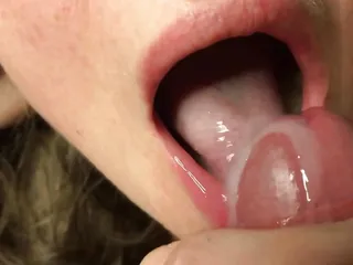 Cum all over - in mouth, on hands, hair, pants, pantyhose, boobs, ass and tongue