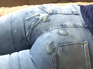 My best friend&#039;s husband gives me a big cumshot in my ass with the jean on