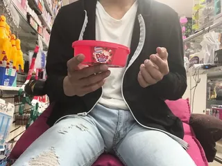 Hello, honey, observe me while I eat this delicious Bibs Crunch ice cream to generate more cum on my body.