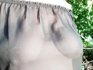 walk with see-through blouse without bra