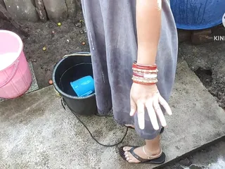 Indian bathing outside with hot boobs 