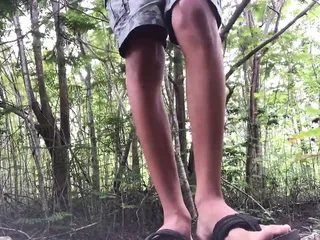 young boy jerks off and cum in the woods.