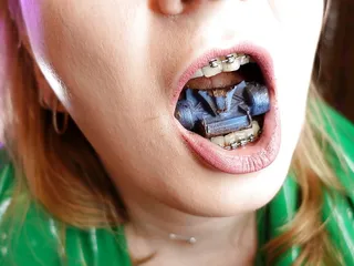 Mukbang - eating video - food fetish in braces close up - mouth tour and vore