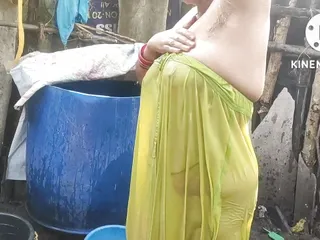 Bathing with cold water topless