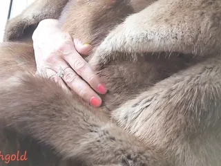 little bitch with long labia pussy lips masturbates in a fur coat on the balcony