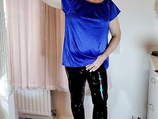 Sexy crossdresser satin blouse and PVC leggings hot