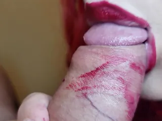 ASMR 4k close up blowjob ruined lipstick and teasing cock, Luna loves giving blowjob and ruin her lipstick