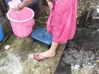 Anita yadav bathing outside with beautiful boobs