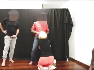 Blowjob for friends behind the stage of the theater.