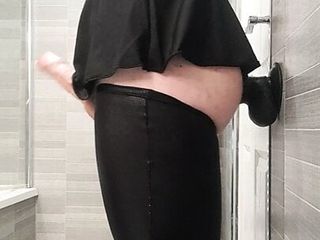 Big Butt Femboy in Skirt and Latex Cums While Fucking Massive Black dildo Hands Free