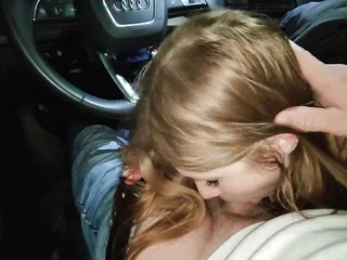 Cute redhead SexWife sucked in the car while her loser husband, cuckold jerks off at home