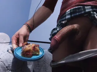 Hungry Crossdresser Slut Cums on Plate and Food