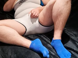 German Chubby Men Jerk off in bodysuit and cute toe socks (Horny Underwear)