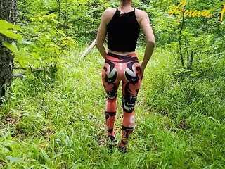 Public masturbation, a girl in leggings walks in nature