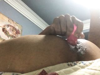 Hungry bottom taking double headed dildo all by himself 