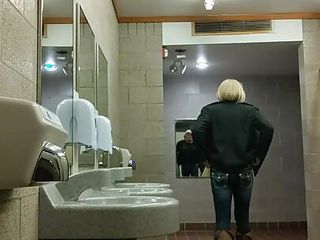 Sensualmaddy Sexy Crossdresser Cumming in woman&#039;s restroom at public rest stop 