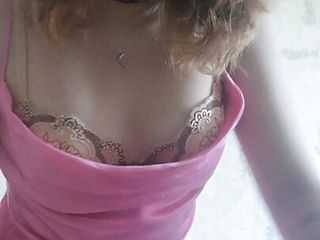 Home day gentle striptease in pink dress and masturbation with orgasm