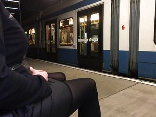 Crossdresser showed off at tram station by night