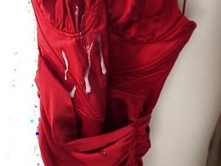 DOUBLE CUM onto Sexy Red Satin Dress in Changing Room
