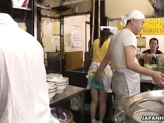 Sexy Japanese waitress Asuka gets gangbanged and creampied i