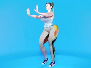 Chun Li&#039;s Huge Tits Nearly Fall Out of Her Tank Top While She Does Aerobics