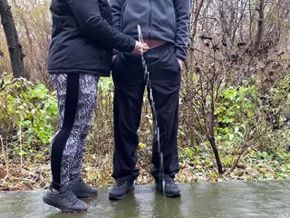 Sports mother-in-law after jogging in the park holds son-in-law&#039;s penis