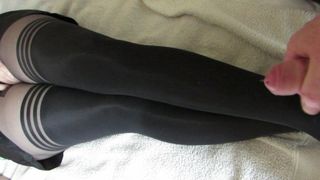 Thick cum on her nylon legs, tights layered over stockings