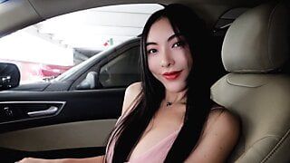Flawless Chinese babe with DD Tits striptease in car