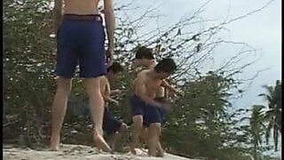 Amateur Asian twinks giving blowjob in group action