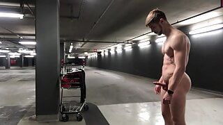 German boy guy Public parking garage naked outdoor cum jerk off masturbation small dick cock big muscle athletic young