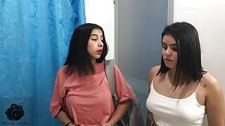 stepmom shares a bed in hotel room - stepsister joins in - threesome - porn in spanish