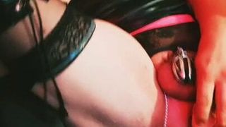 PiaSissy73 in chastity sniffing poppers and dildo fucking