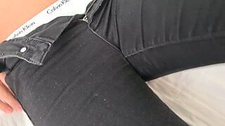 Removing tight black jeans and showing you my panties on meaty pussy