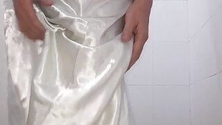 Asian Crossdresser wearing long silky nightie gown