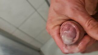 Close-up uncut cock masturbation, male squirting, peeing and creamy cumshot