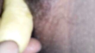 My lover is fucking her pussy with a banana and masturbating with banana