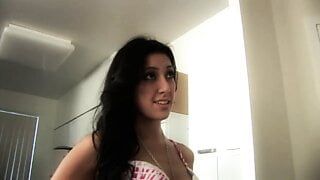 Hot ass brunette gets her hairy twat fucked by a long stick