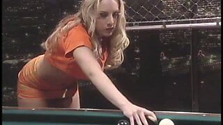Busty blonde gets her asshole fingered and a pool stick shoved in