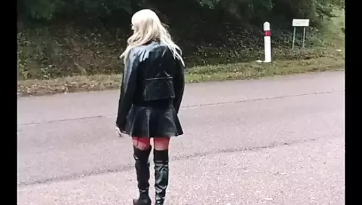 Crossdress in public in leather outfit part 1