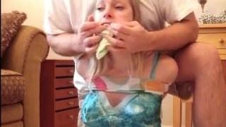 scarf tied with 2 pair of panties in mouth