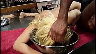 Horny blonde in stockings assfucked by black cock