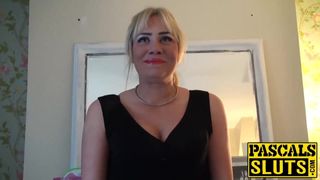Big tits blonde MILF in stocking masturbates while sucking