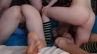 Couples fuck around in bed on cam