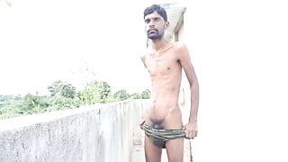 Rajesh masturbating outdoors, spitting on dick, moaning, showing ass, butt, spanking and cumming